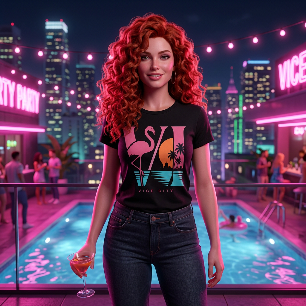 Flamingo Six T-shirt — worn in game-style scene
