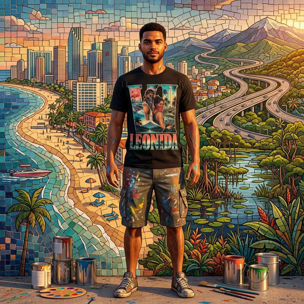 Leonida Mosaic Finale T-shirt — worn in game-style scene