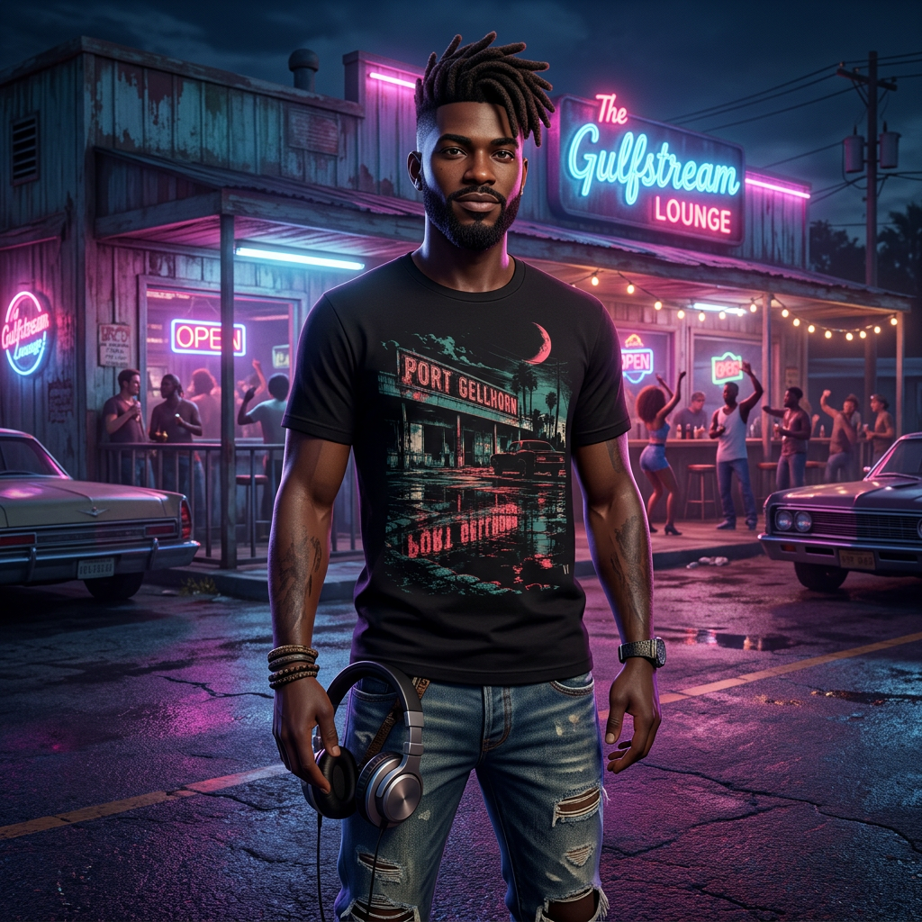 Gellhorn After Dark T-shirt — worn in game-style scene