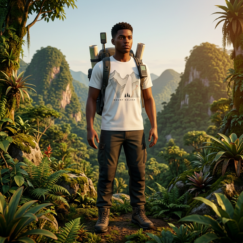 Kalaga Contours T-shirt — worn in game-style scene