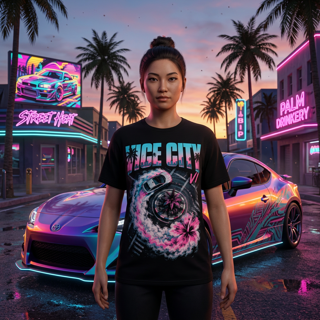 Vice City Drift Bloom T-shirt — worn in game-style scene