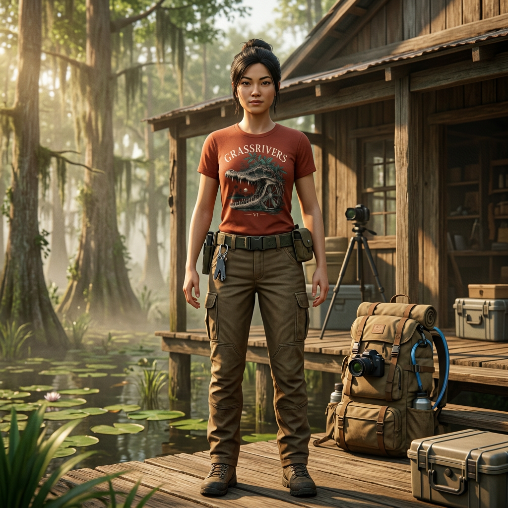 Swamp Specimen T-shirt — worn in game-style scene