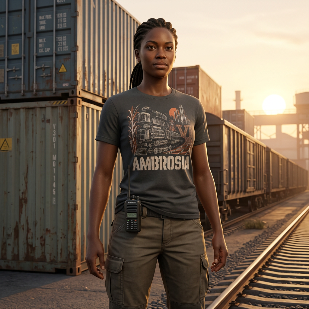 Ambrosia Freight T-shirt — worn in game-style scene