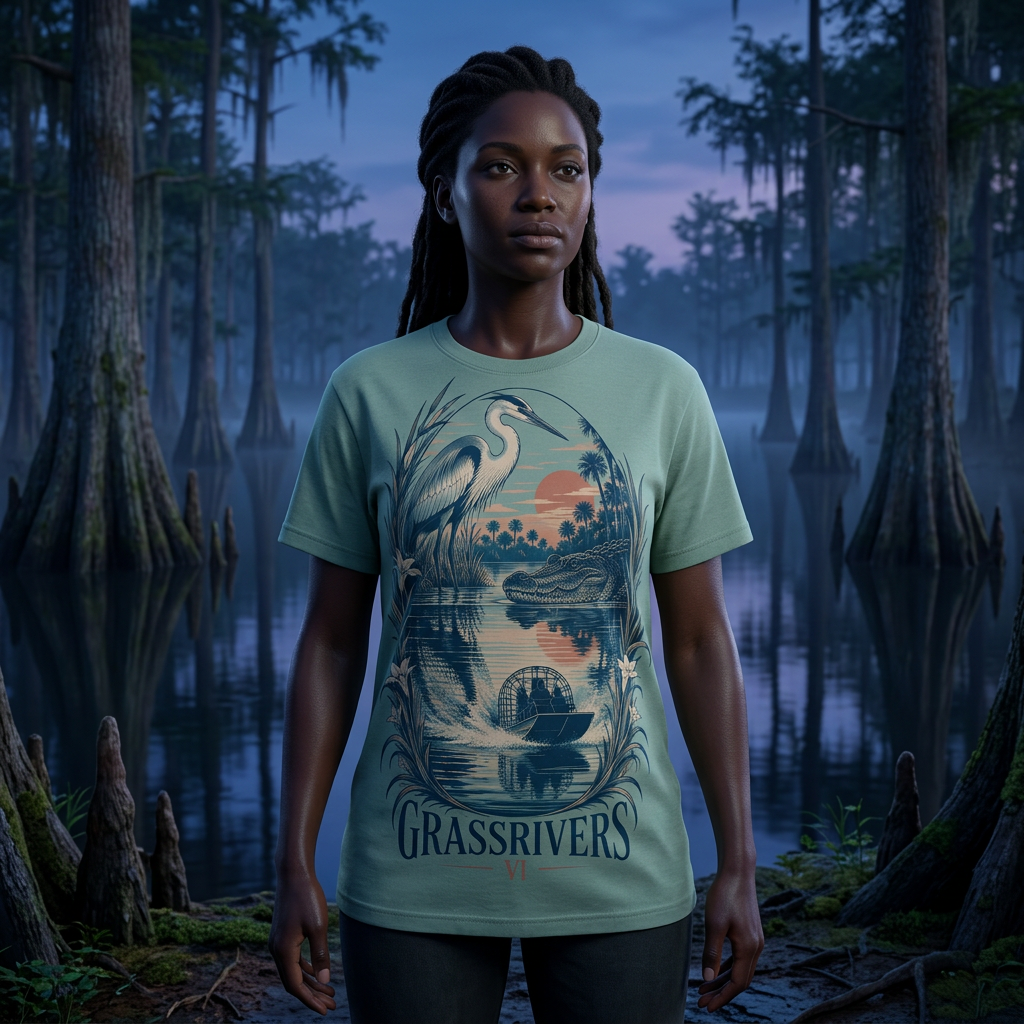 Swamp Mirror T-shirt — worn in game-style scene
