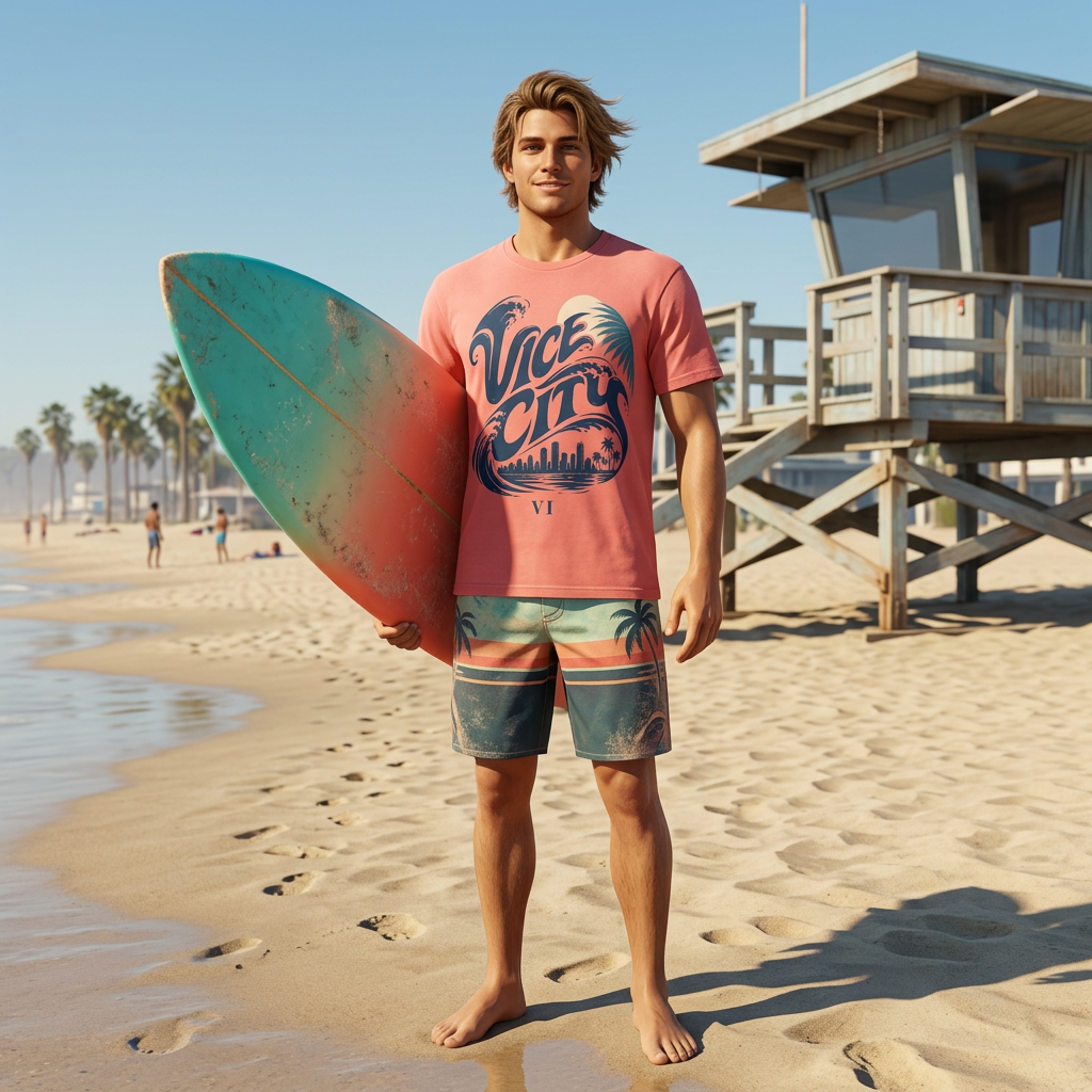 Vice City Wave Script T-shirt — worn in game-style scene