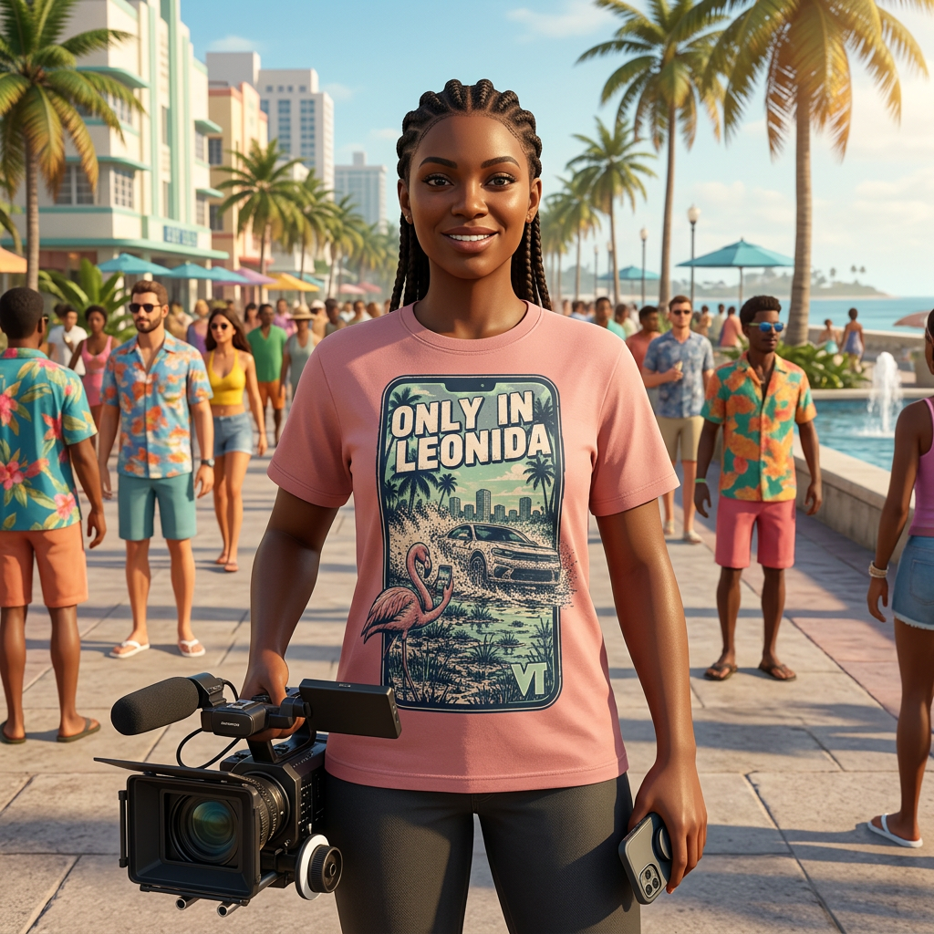 Leonida Viral Frame T-shirt — worn in game-style scene