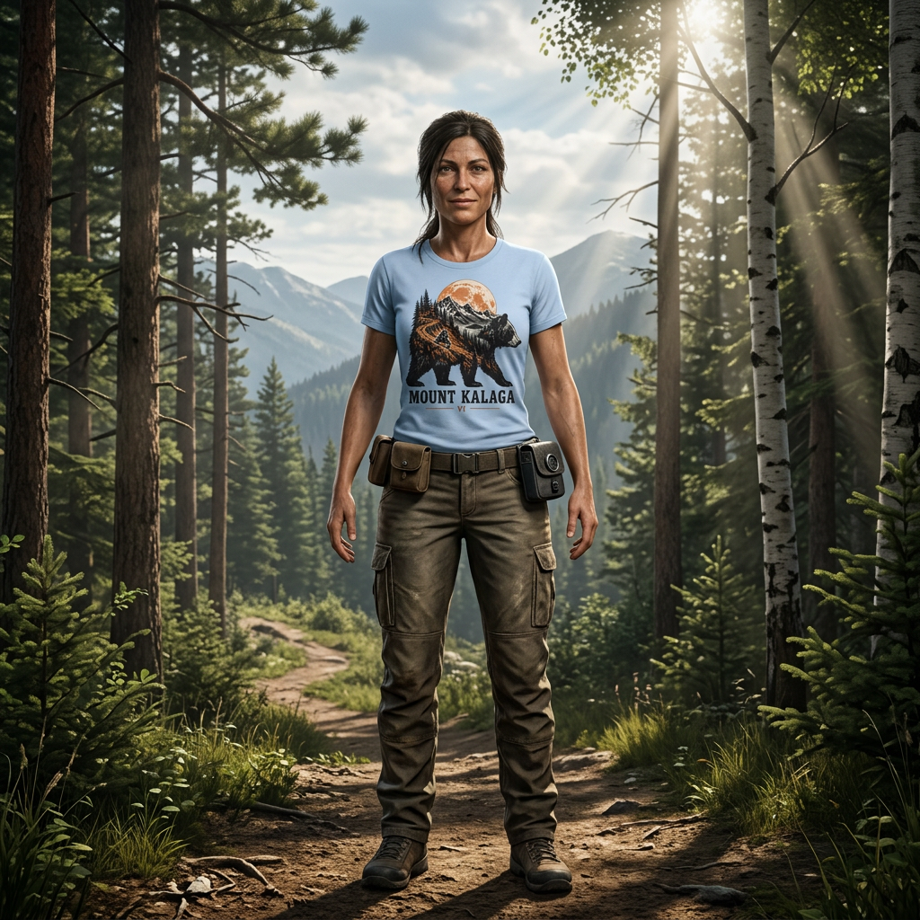 Kalaga Bear Trail T-shirt — worn in game-style scene