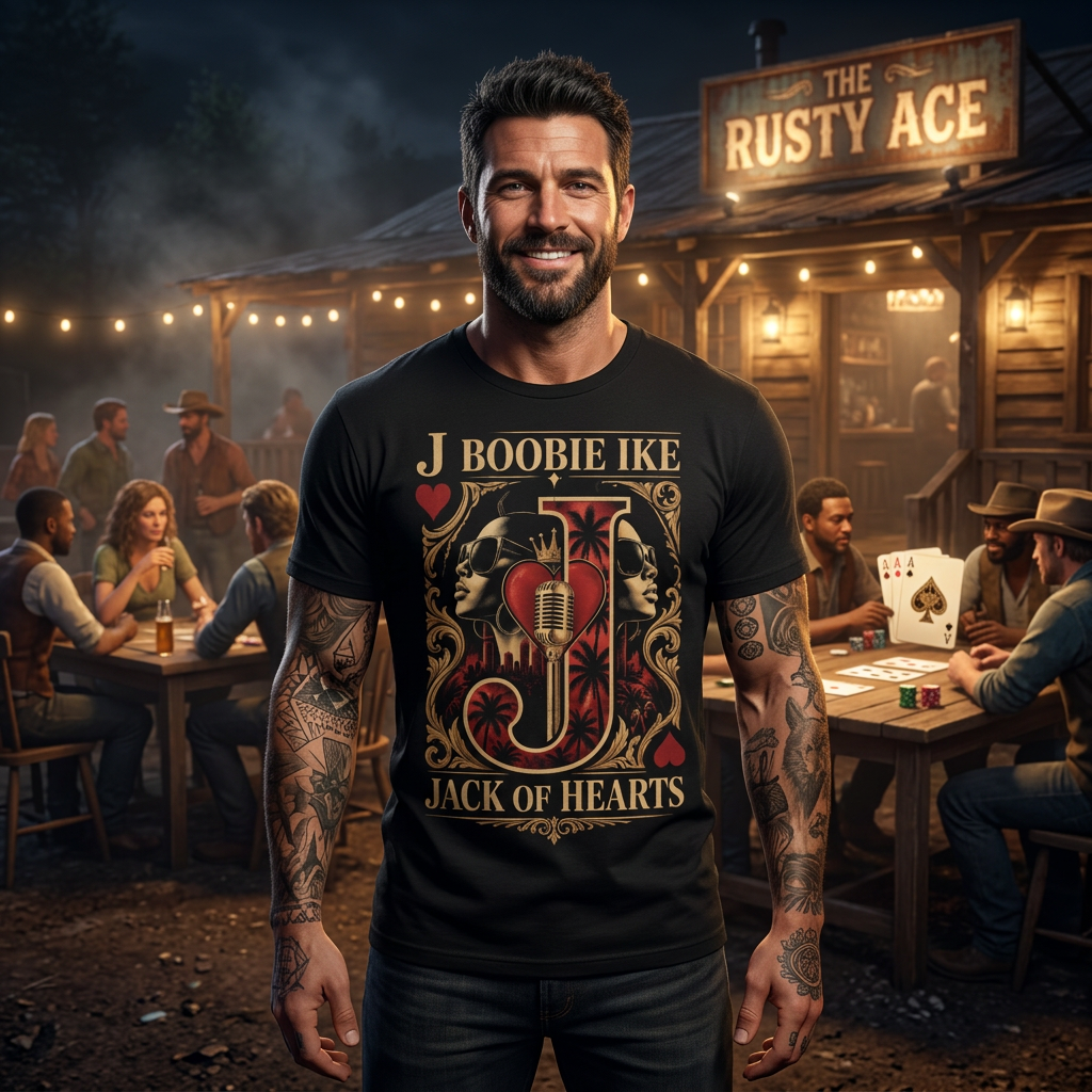 Boobie Jack Of Hearts T-shirt — worn in game-style scene