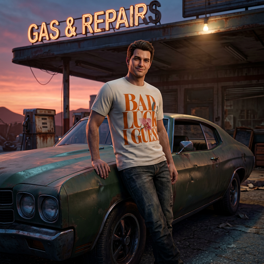 Bad Luck T-shirt — worn in game-style scene
