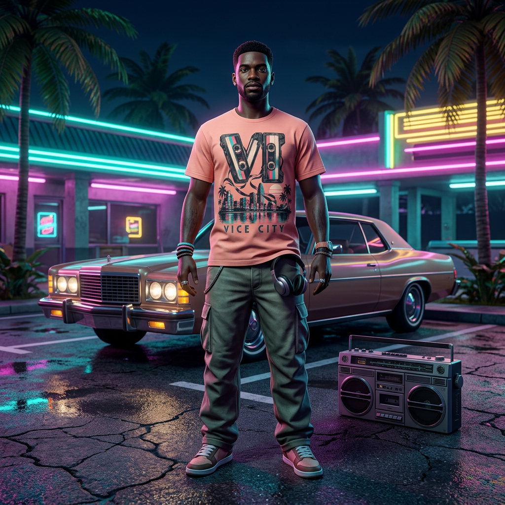 Vice City Mixtape T-shirt — worn in game-style scene