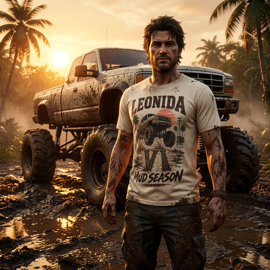 Leonida Mud Season T-shirt — worn in game-style scene
