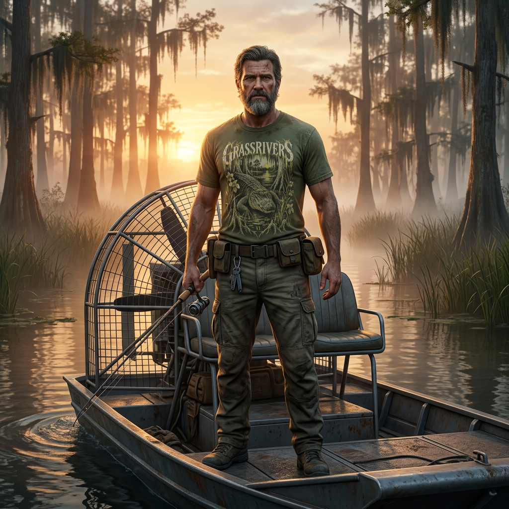 Grassrivers Gator T-shirt — worn in game-style scene