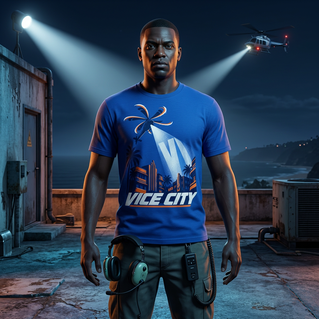 Searchlight Six T-shirt — worn in game-style scene