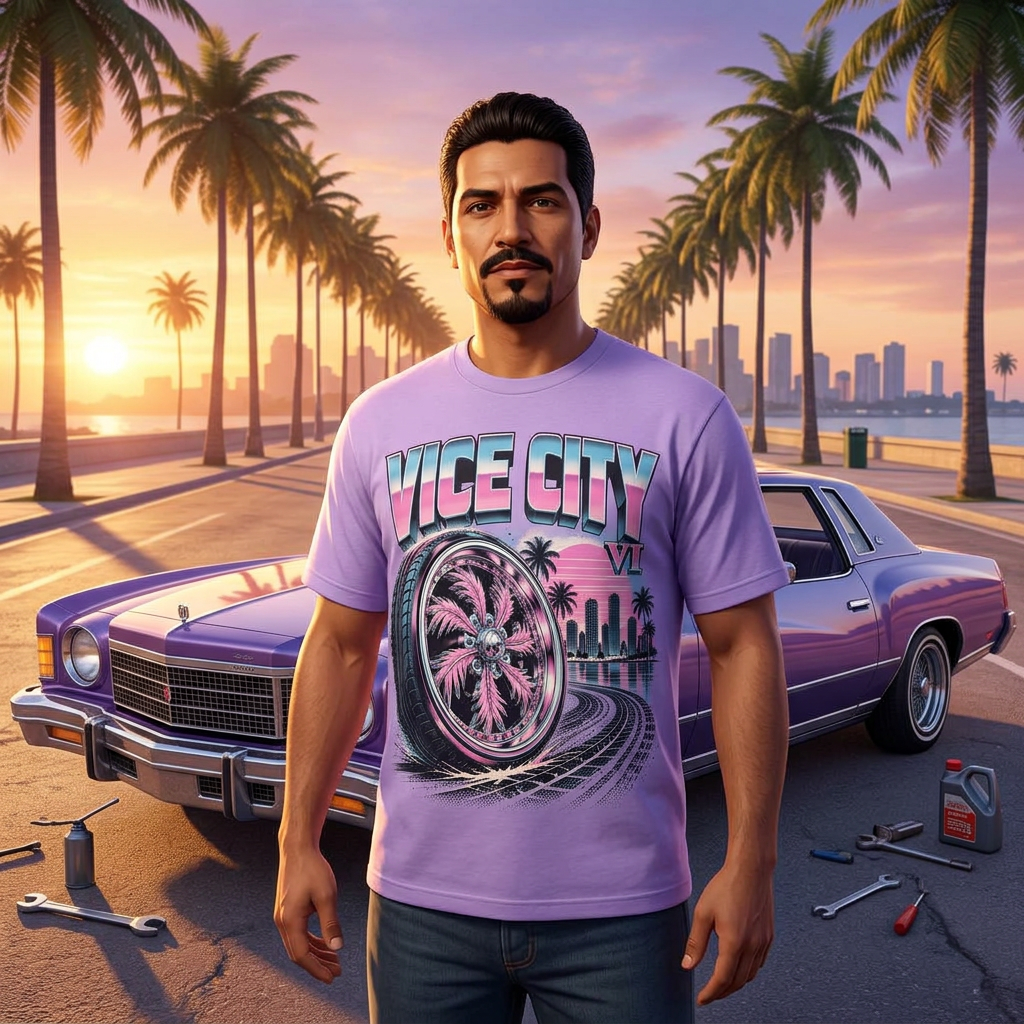 Palm Spoke Lowrider T-shirt — worn in game-style scene